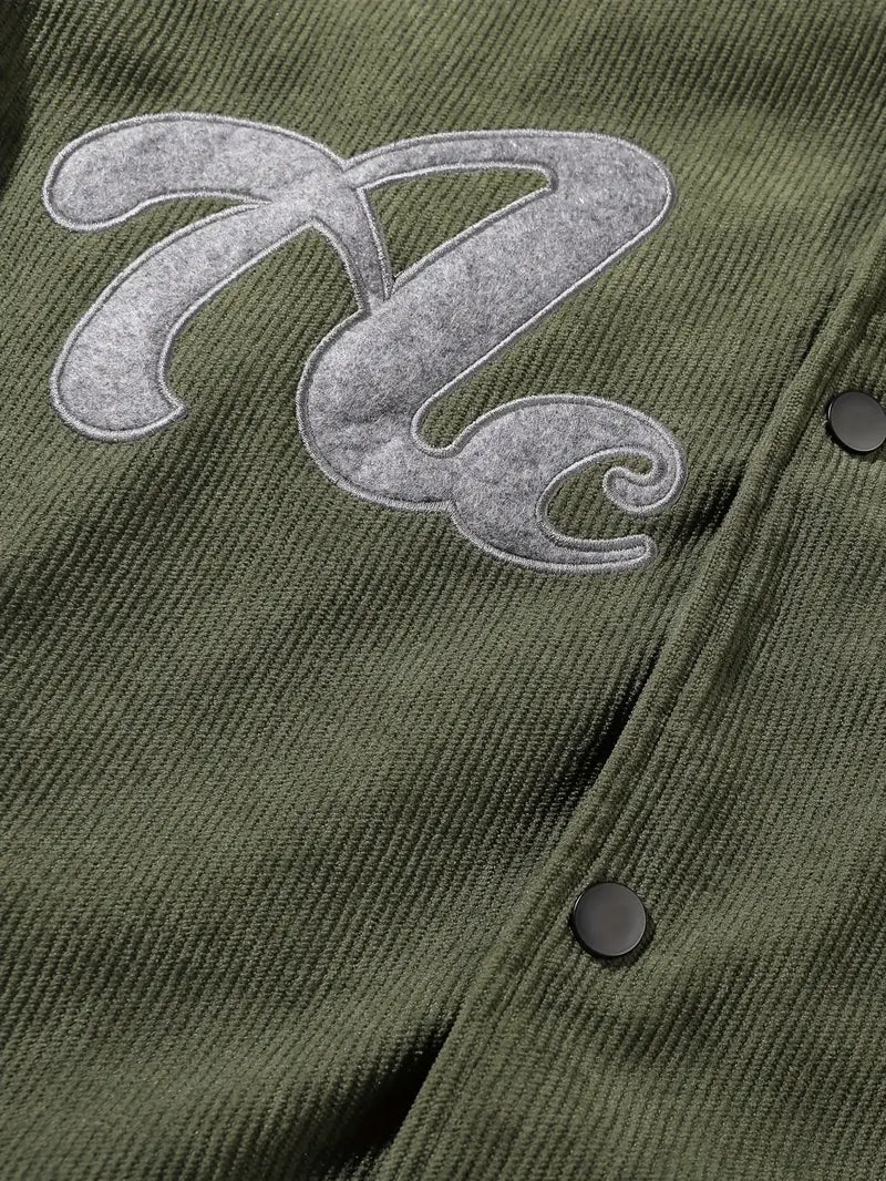 Active Hooded Corduroy Varsity Jacket – Casual Streetwear Letterman Coat with Embroidered Patch Design