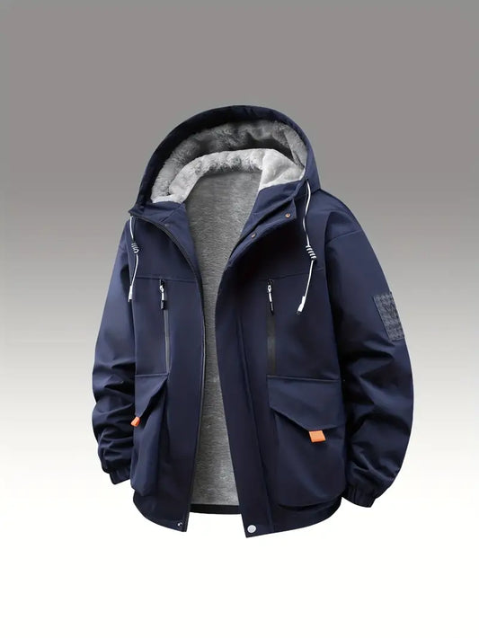 Black Fleece-Lined Winter Jacket โ Waterproof Windproof Thermal Hooded Outdoor Coat