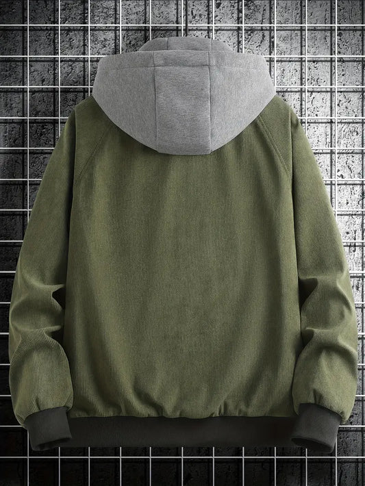 Active Hooded Corduroy Varsity Jacket โ Casual Streetwear Letterman Coat with Embroidered Patch Design