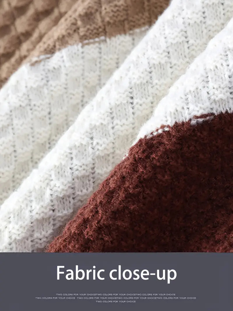 Patchwork Colorblock Chunky Knit Sweater – Thick Winter Warm Textured Pullover