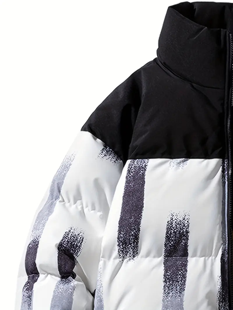 Printed Winter Puffer Jacket – Thick Warm Abstract Pattern Coat with High Collar