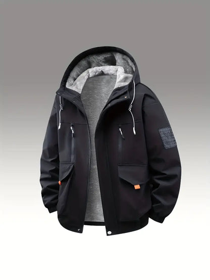 Black Fleece-Lined Winter Jacket – Waterproof Windproof Thermal Hooded Outdoor Coat