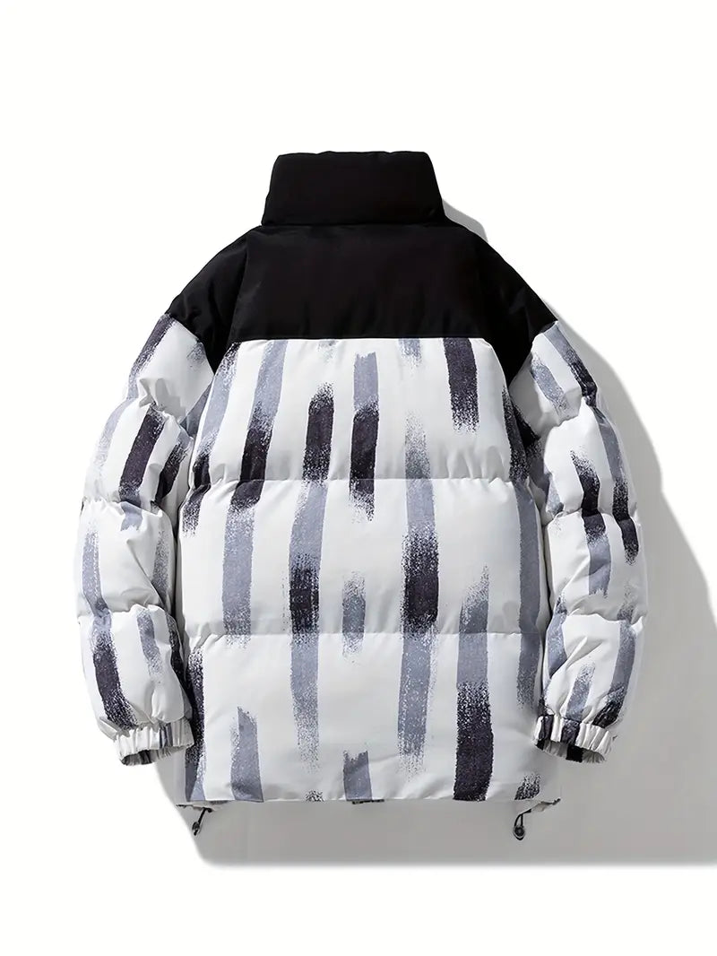 Printed Winter Puffer Jacket – Thick Warm Abstract Pattern Coat with High Collar