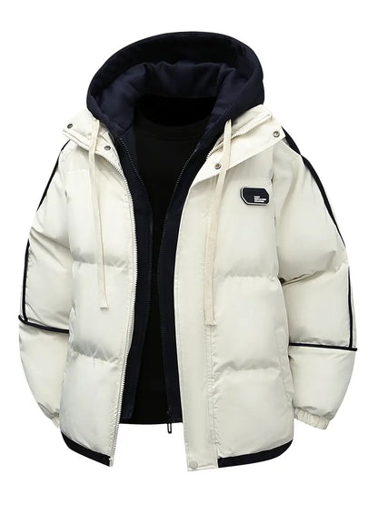 Pink & Cream Layered Hood Winter Puffer Jacket – Thick Warm Insulated Streetwear Coat