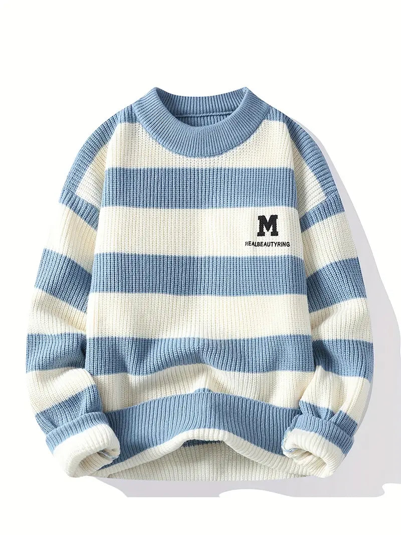 Blue & White Striped Knit Sweater – Soft Winter Warm Casual Pullover with Embroidered “M” Patch