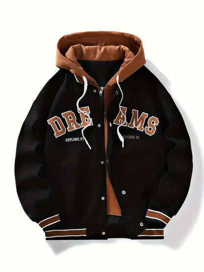 “DREAMS” Hooded Varsity Jacket – Casual Streetwear Letterman Coat with Embroidered Patch Details