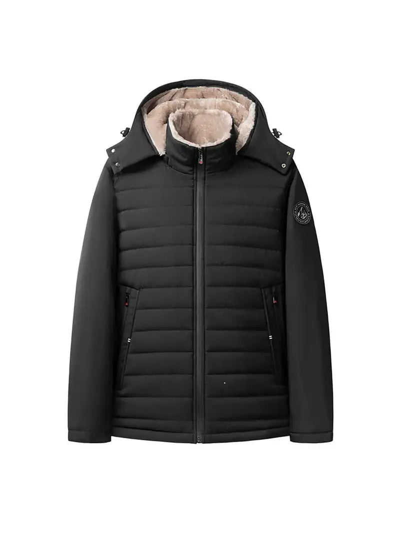 Black Fleece-Lined Winter Jacket – Waterproof Windproof Puffer Coat with Detachable Hood