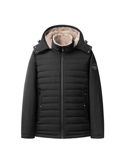 Black Fleece-Lined Winter Jacket – Waterproof Windproof Puffer Coat with Detachable Hood