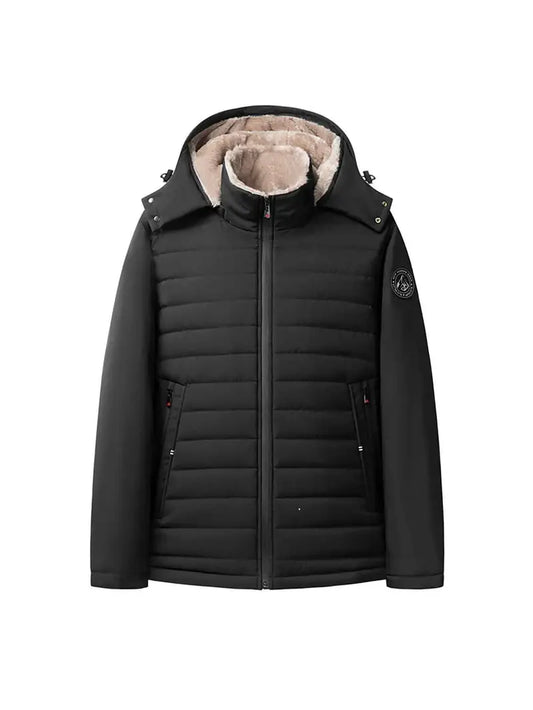 Black Fleece-Lined Winter Jacket – Waterproof Windproof Puffer Coat with Detachable Hood