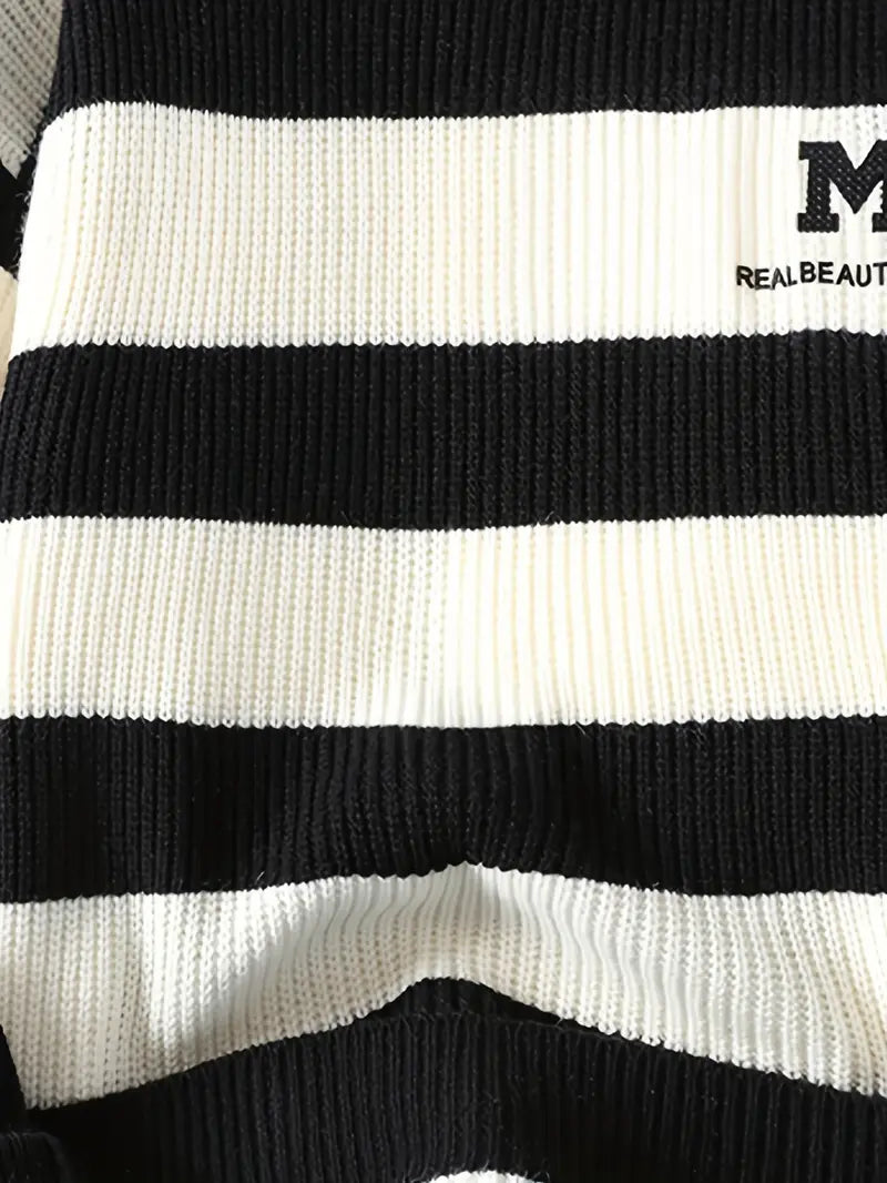 Blue & White Striped Knit Sweater – Soft Winter Warm Casual Pullover with Embroidered “M” Patch