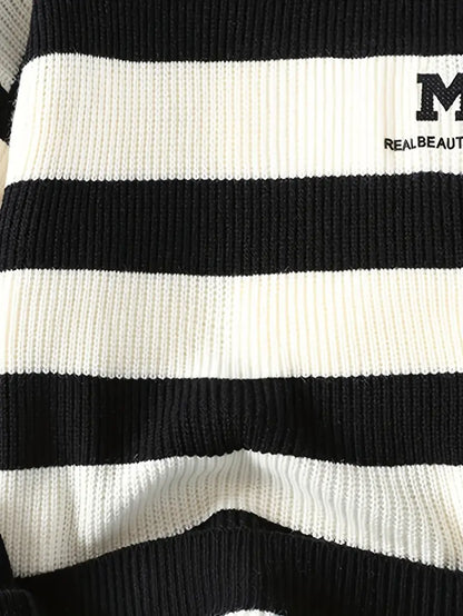 Blue & White Striped Knit Sweater – Soft Winter Warm Casual Pullover with Embroidered “M” Patch