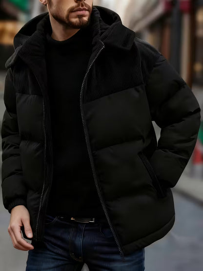 Milano Italia Corduroy Panel Puffer Jacket – Thick Winter Warm Coat with Hood