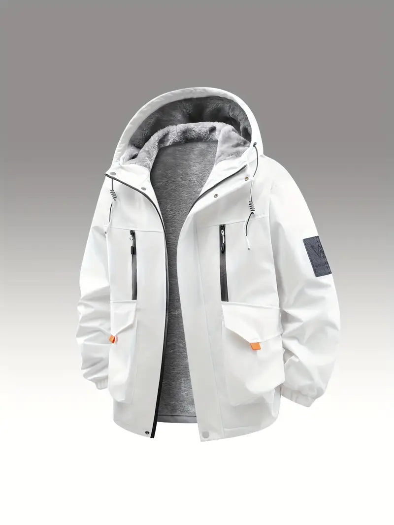 Black Fleece-Lined Winter Jacket – Waterproof Windproof Thermal Hooded Outdoor Coat