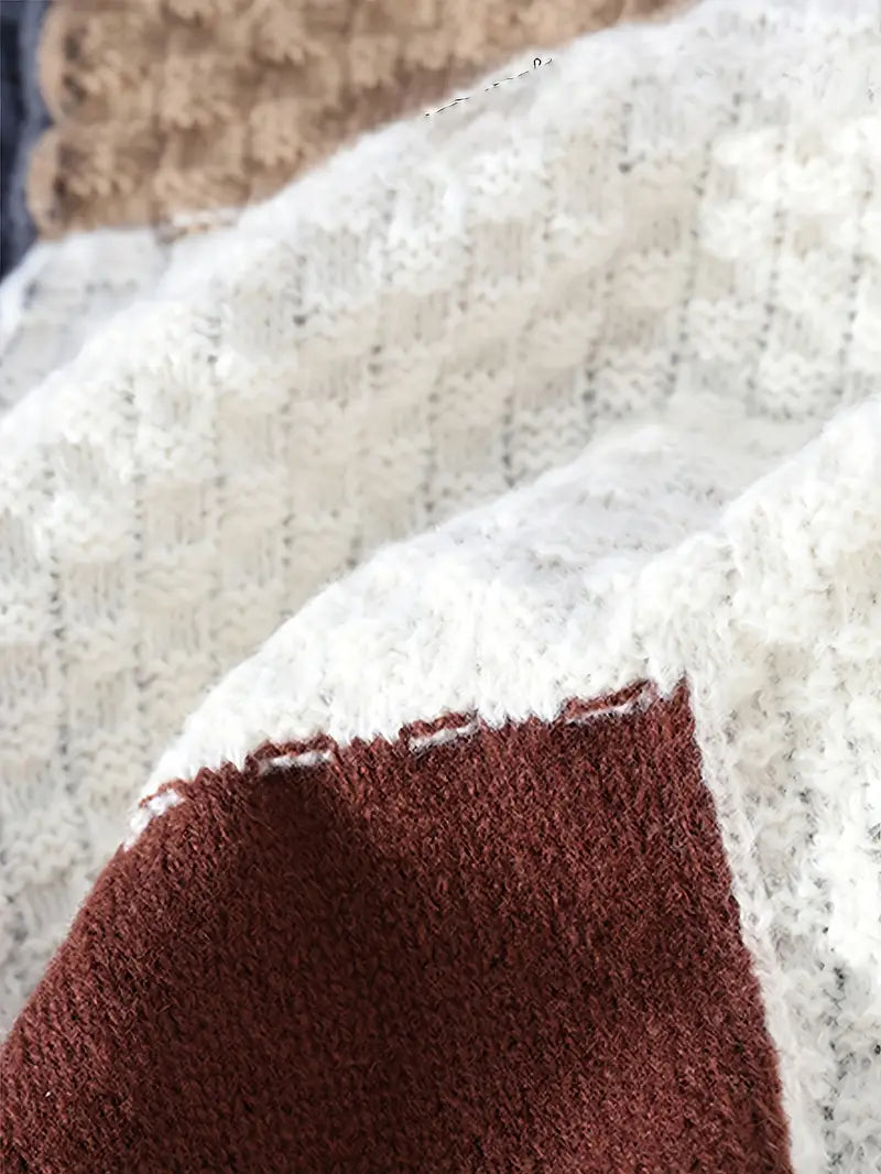 Patchwork Colorblock Chunky Knit Sweater – Thick Winter Warm Textured Pullover