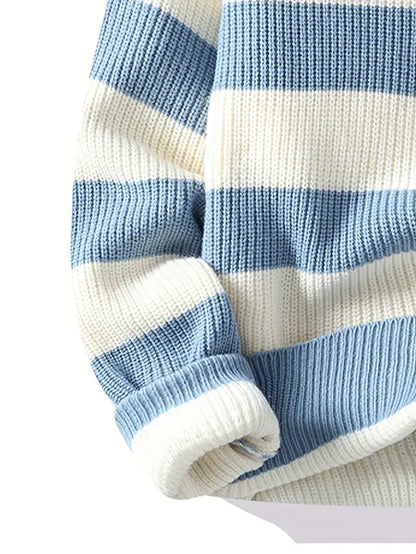 Blue & White Striped Knit Sweater – Soft Winter Warm Casual Pullover with Embroidered “M” Patch