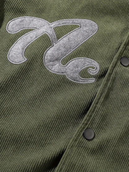 Active Hooded Corduroy Varsity Jacket – Casual Streetwear Letterman Coat with Embroidered Patch Design