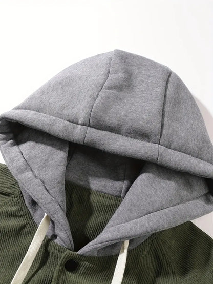 Active Hooded Corduroy Varsity Jacket – Casual Streetwear Letterman Coat with Embroidered Patch Design