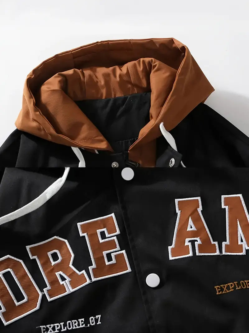“DREAMS” Hooded Varsity Jacket – Casual Streetwear Letterman Coat with Embroidered Patch Details