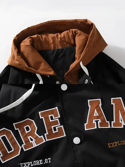 “DREAMS” Hooded Varsity Jacket – Casual Streetwear Letterman Coat with Embroidered Patch Details
