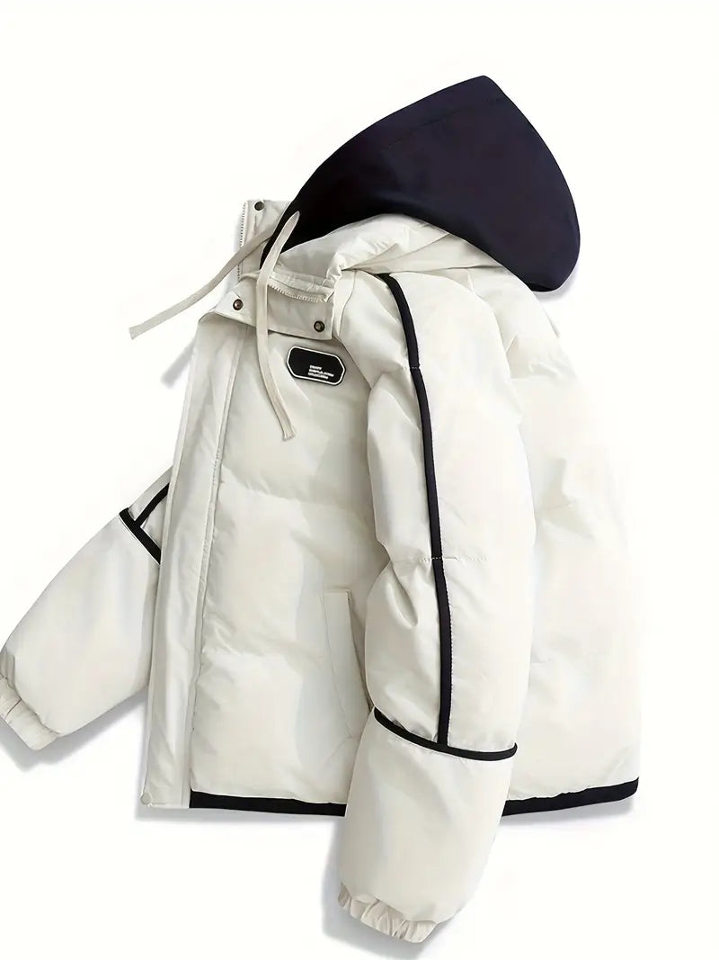 Pink & Cream Layered Hood Winter Puffer Jacket – Thick Warm Insulated Streetwear Coat