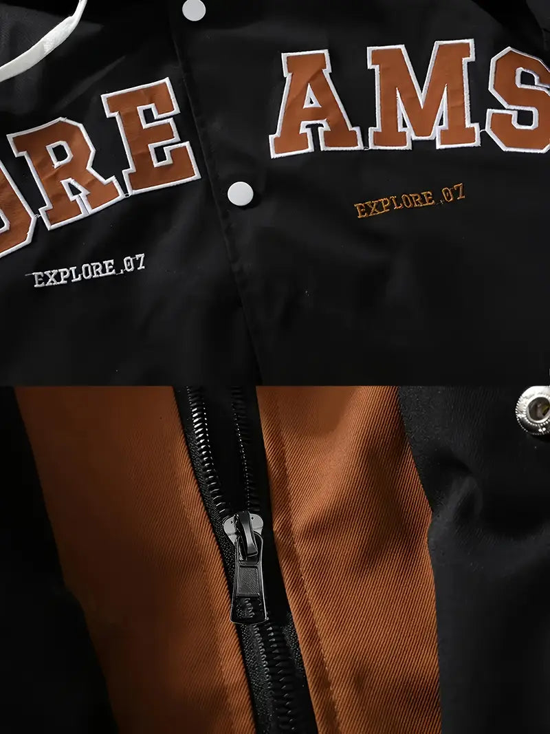 “DREAMS” Hooded Varsity Jacket – Casual Streetwear Letterman Coat with Embroidered Patch Details