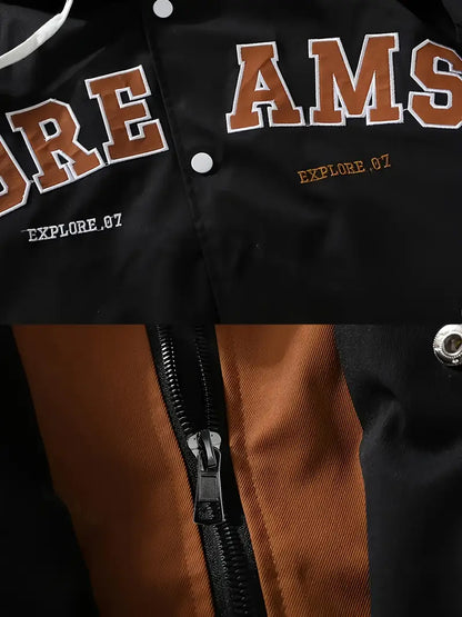 “DREAMS” Hooded Varsity Jacket – Casual Streetwear Letterman Coat with Embroidered Patch Details