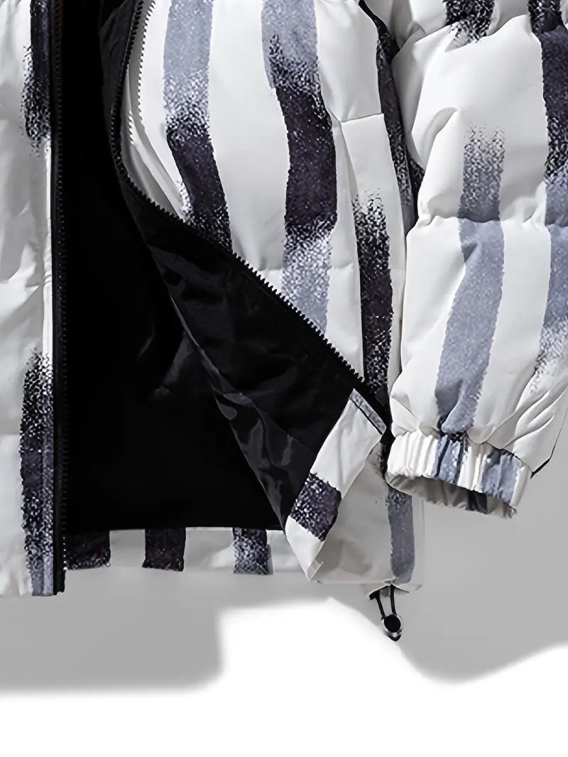 Printed Winter Puffer Jacket – Thick Warm Abstract Pattern Coat with High Collar