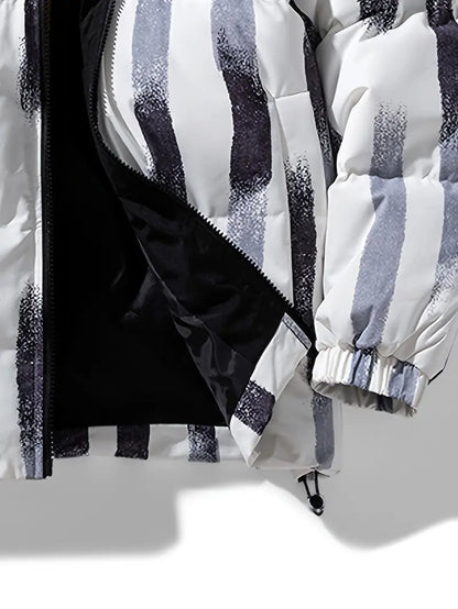 Printed Winter Puffer Jacket – Thick Warm Abstract Pattern Coat with High Collar