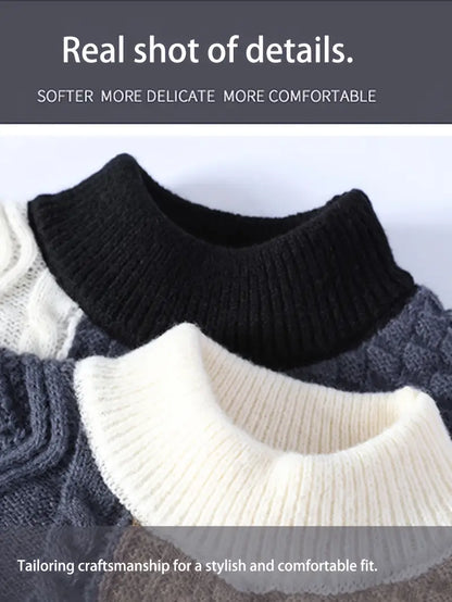 Patchwork Colorblock Chunky Knit Sweater – Thick Winter Warm Textured Pullover