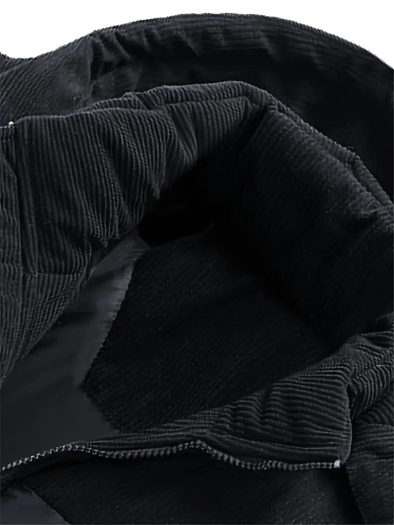 Beige & Brown Corduroy Panel Puffer Jacket – Thick Warm Winter Coat with Hood