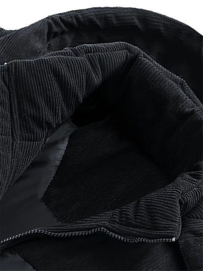 Beige & Brown Corduroy Panel Puffer Jacket – Thick Warm Winter Coat with Hood