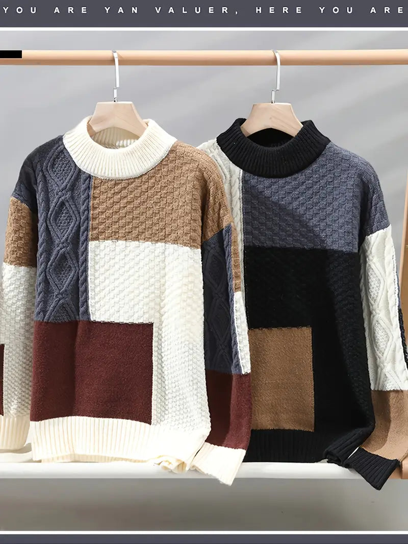 Patchwork Colorblock Chunky Knit Sweater – Thick Winter Warm Textured Pullover