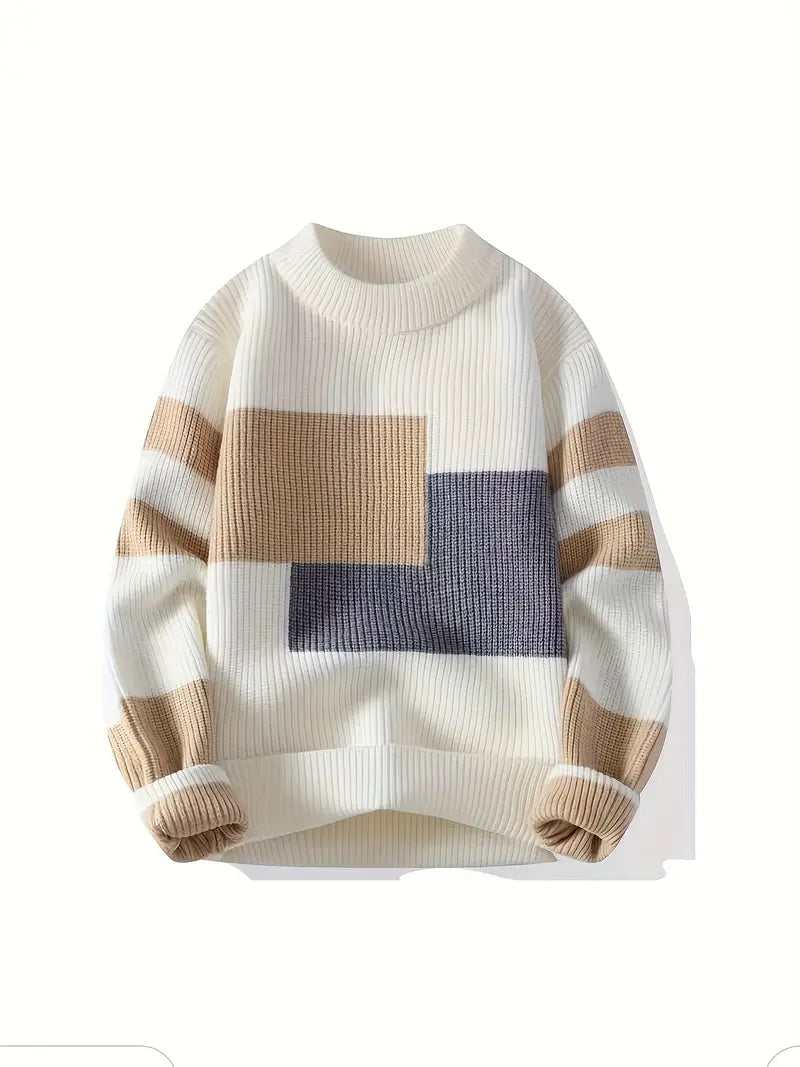 Beige & Cream Colorblock Knit Sweater – Soft Winter Warm Geometric Pattern Pullover
