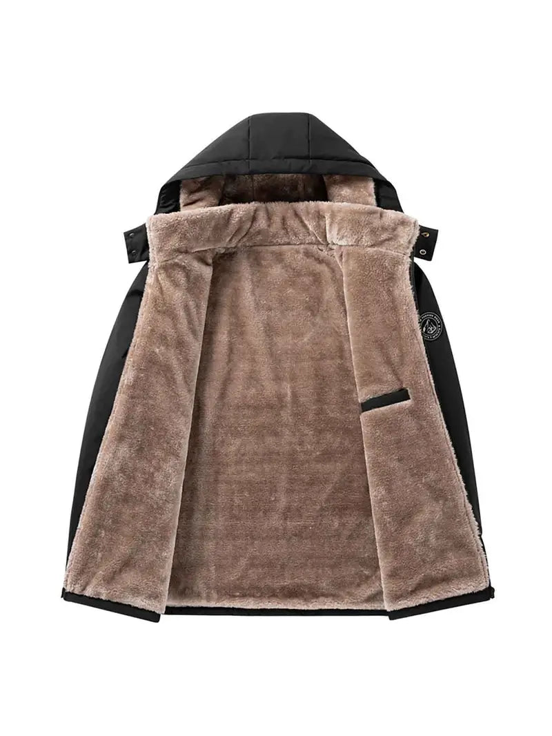 Black Fleece-Lined Winter Jacket – Waterproof Windproof Puffer Coat with Detachable Hood
