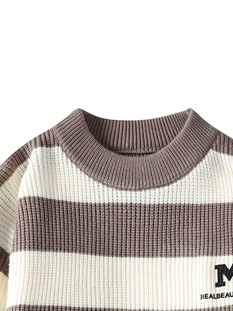 Blue & White Striped Knit Sweater – Soft Winter Warm Casual Pullover with Embroidered “M” Patch