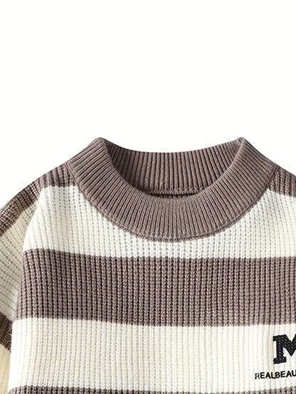 Blue & White Striped Knit Sweater – Soft Winter Warm Casual Pullover with Embroidered “M” Patch