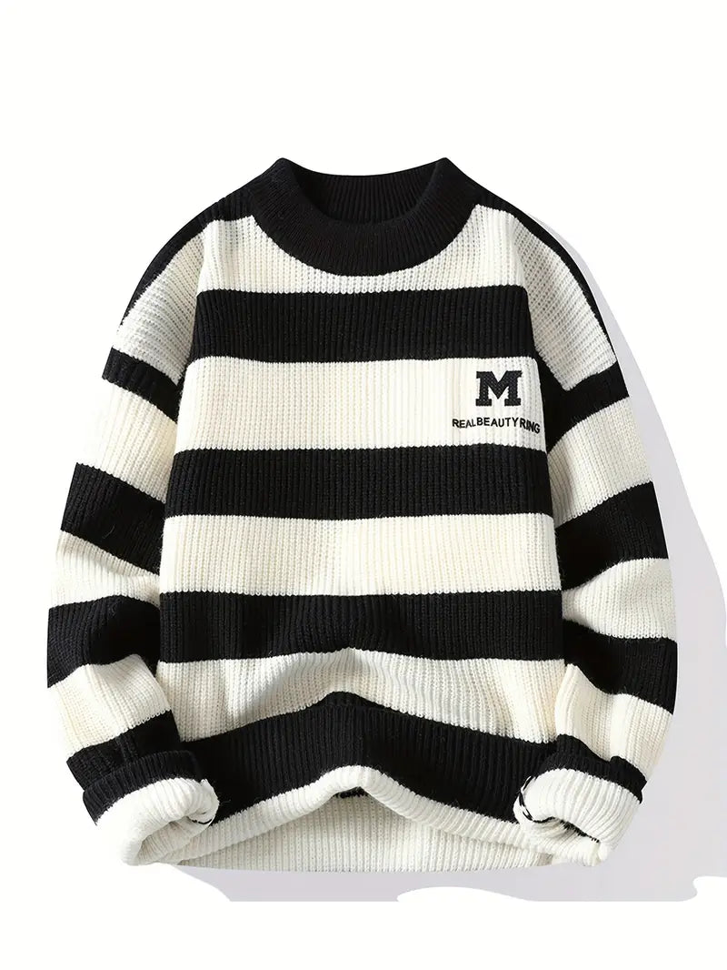 Blue & White Striped Knit Sweater – Soft Winter Warm Casual Pullover with Embroidered “M” Patch