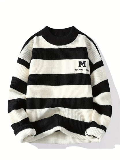 Blue & White Striped Knit Sweater – Soft Winter Warm Casual Pullover with Embroidered “M” Patch