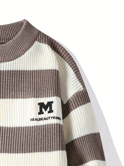 Blue & White Striped Knit Sweater – Soft Winter Warm Casual Pullover with Embroidered “M” Patch