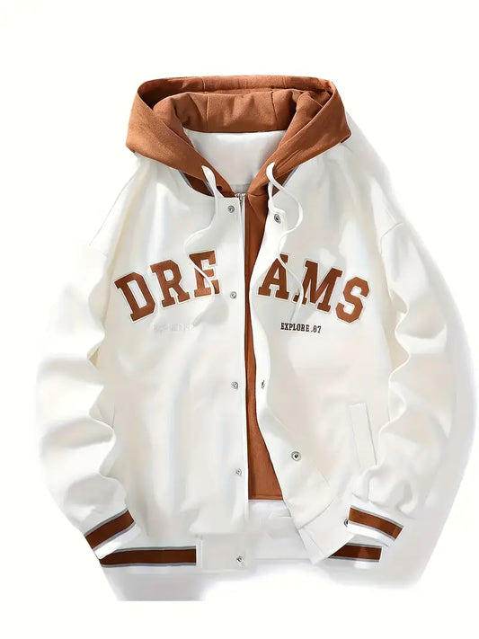 “DREAMS” Hooded Varsity Jacket – Casual Streetwear Letterman Coat with Embroidered Patch Details