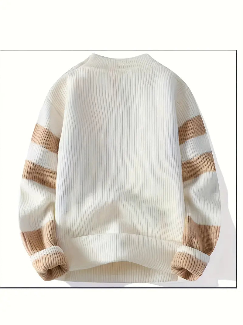 Beige & Cream Colorblock Knit Sweater – Soft Winter Warm Geometric Pattern Pullover