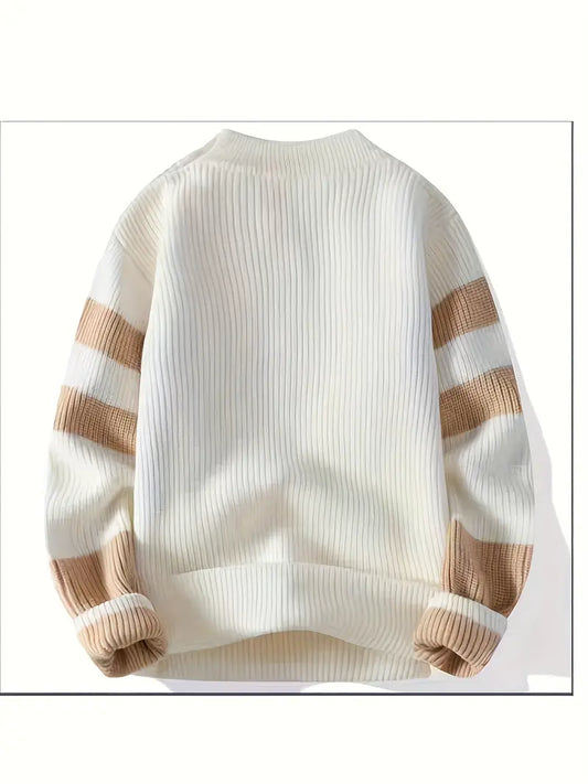 Beige & Cream Colorblock Knit Sweater – Soft Winter Warm Geometric Pattern Pullover