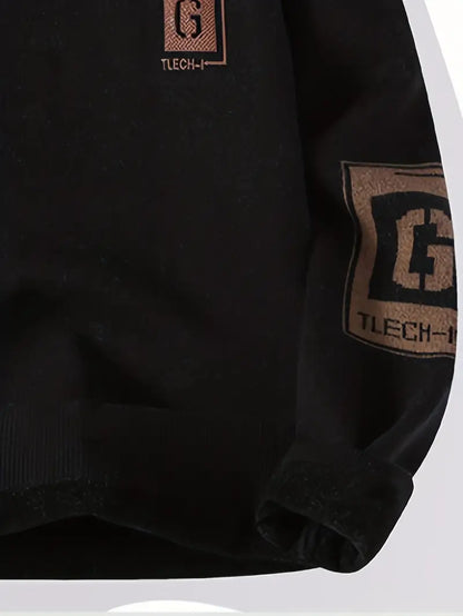 Winter Warm Fleece-Lined Sweatshirt – Casual Round Neck Pullover with Printed Patch Design