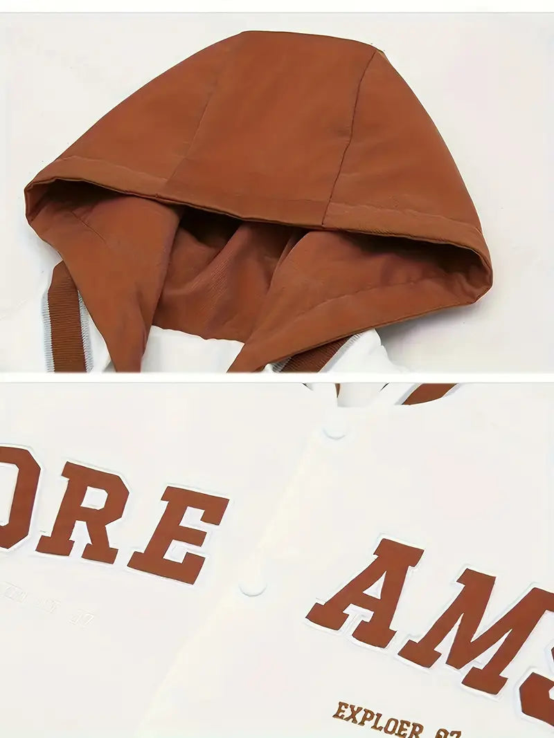 “DREAMS” Hooded Varsity Jacket – Casual Streetwear Letterman Coat with Embroidered Patch Details