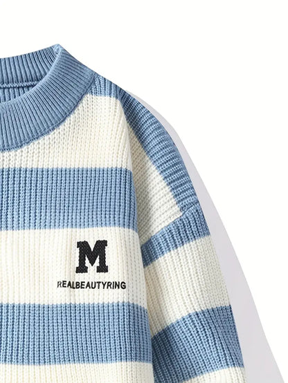 Blue & White Striped Knit Sweater – Soft Winter Warm Casual Pullover with Embroidered “M” Patch