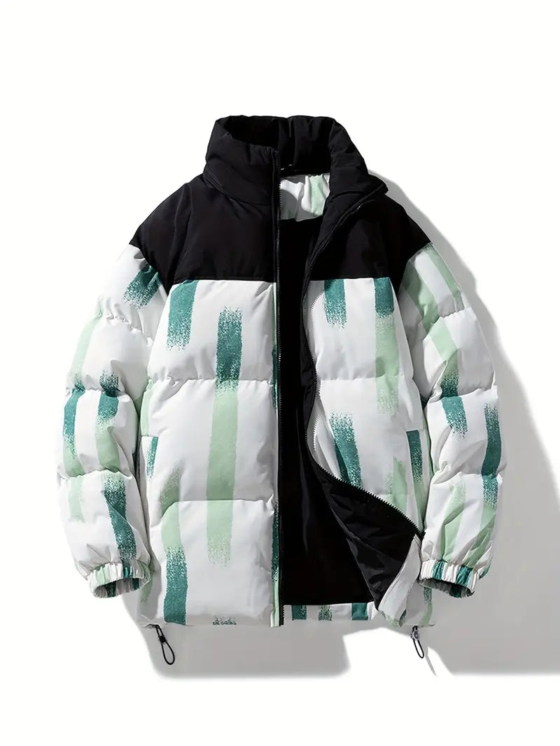 Printed Winter Puffer Jacket – Thick Warm Abstract Pattern Coat with High Collar