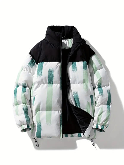 Printed Winter Puffer Jacket – Thick Warm Abstract Pattern Coat with High Collar
