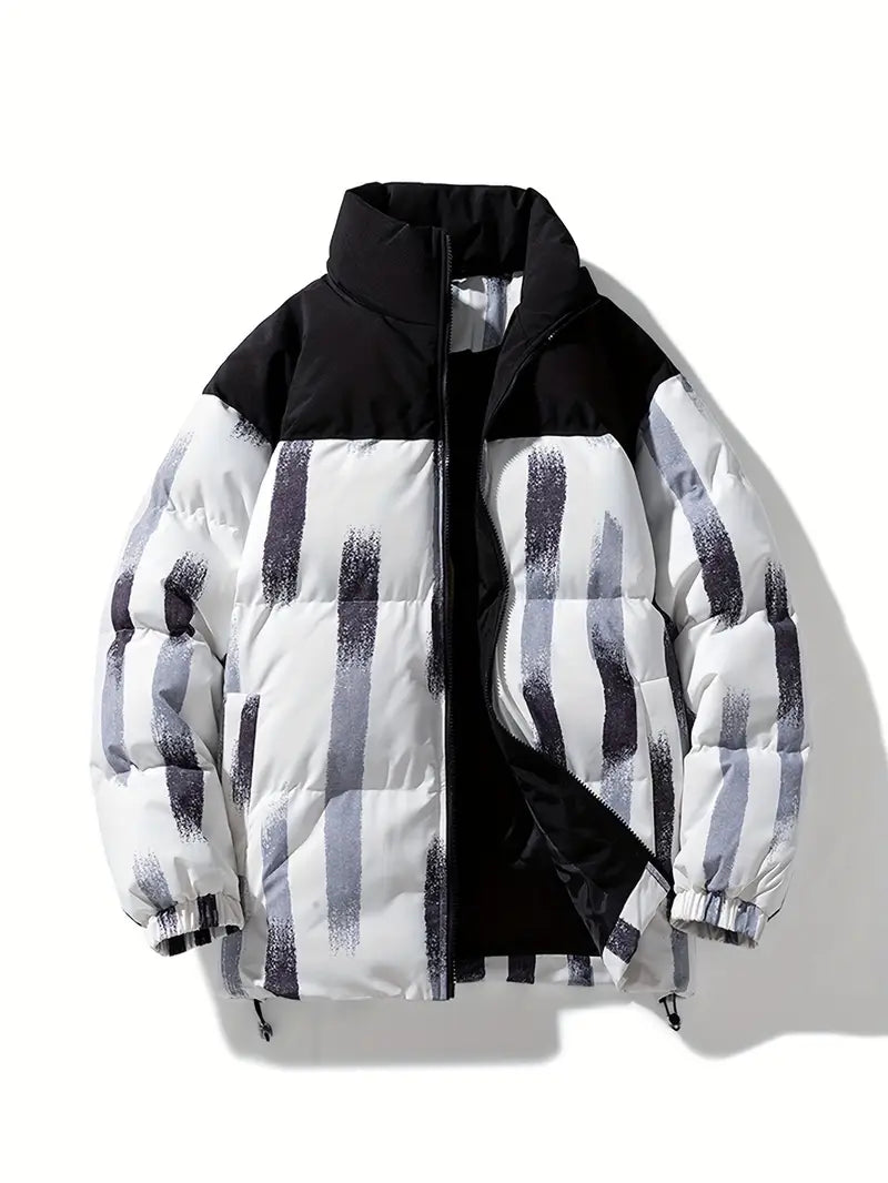 Printed Winter Puffer Jacket – Thick Warm Abstract Pattern Coat with High Collar