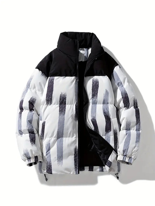 Printed Winter Puffer Jacket – Thick Warm Abstract Pattern Coat with High Collar