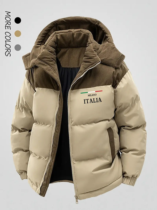 Corduroy Panel Puffer Jacket – Thick Warm Winter Hooded Coat with “Milano Italia” Embroidery